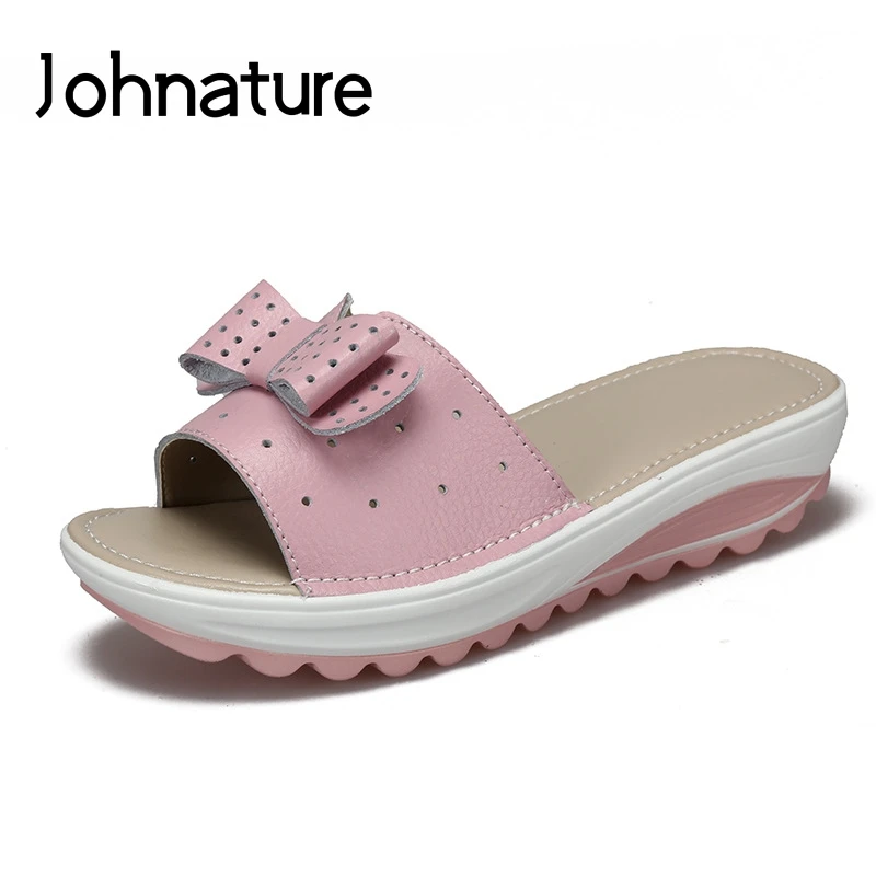 

Johnature 2019 New Summer Genuine Leather Casual Hollow Breathable Outside Women Summer Slippers Flat Platform Wedge Slides