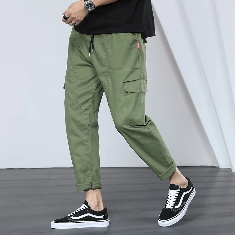Men's casual multi-pocket overalls spring and autumn thin men's pants elastic waist pants loose straight casual pants men