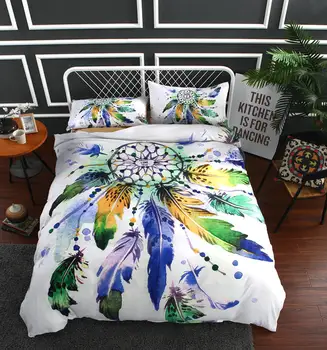 

Dream Catcher Bedding Set Bohemia Duvet Cover Set Colorful Feather Cream Dreamland 3D Digital Printing Begie