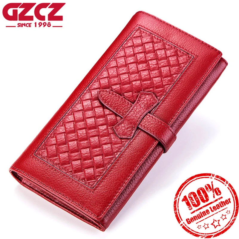 

GZCZ Genuine Leather Women Wallets With Zipper Design Weaving Female Long Clutch Ladies Coin Purse Female Money Bag
