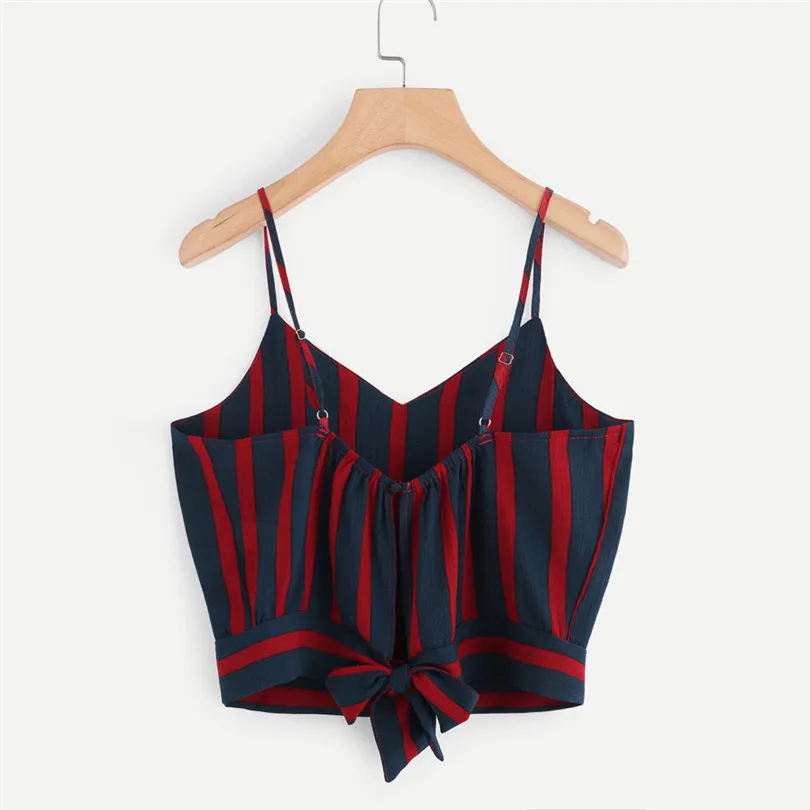 Women's Summer Casual Sexy V Neck Sleeveless stripe Stripe Seft Tie Back Crop Cami Tops Camisole Shirt Vest #4M19 (6)