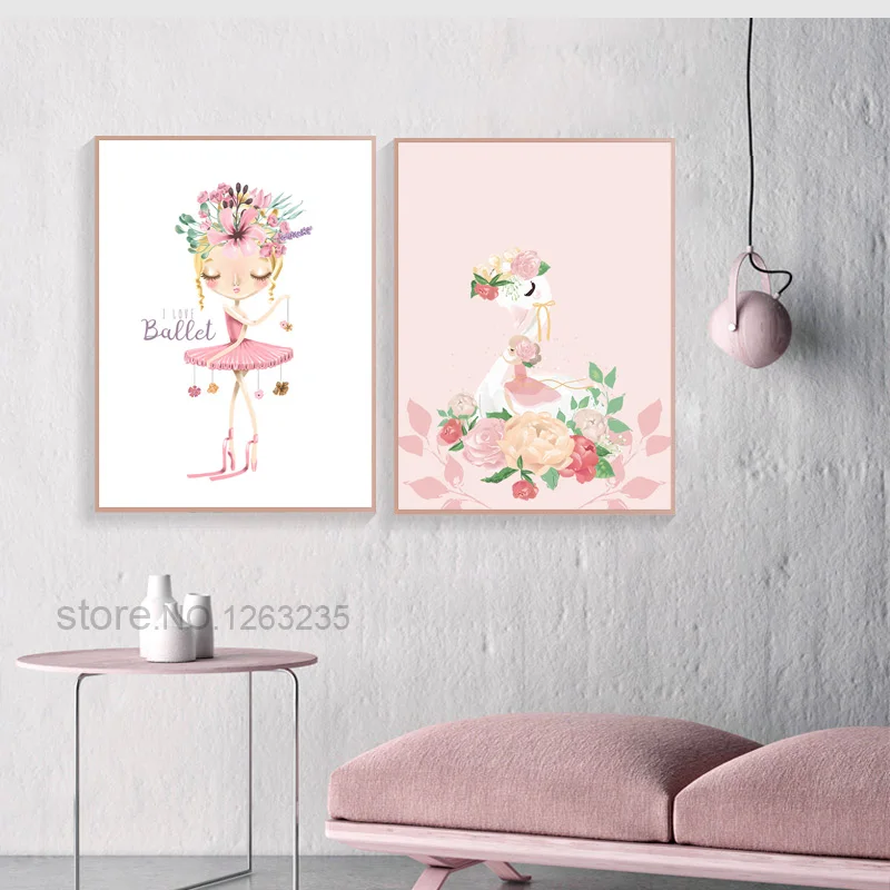 Ballet Princess Nursery Nordic Poster Swan Wall Art Canvas Painting Wall Pictures For Children Room Kids Gifts Cuadros Unframed