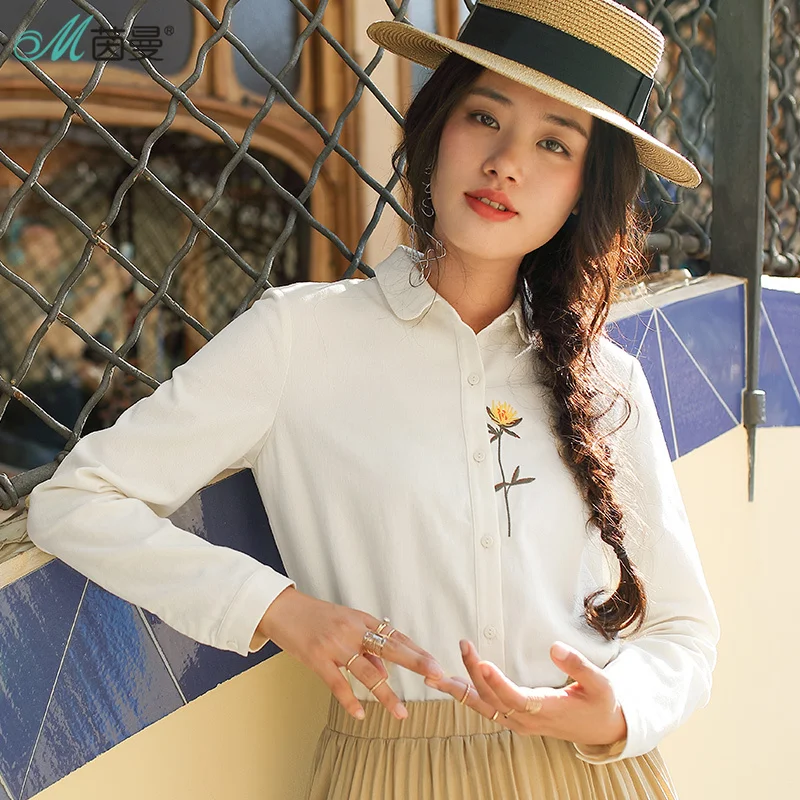 

INMAN 2019 Spring Clothes Cotton Embroidered Filleted Corner Lapel Blouse Women Tops Women Shirt Women
