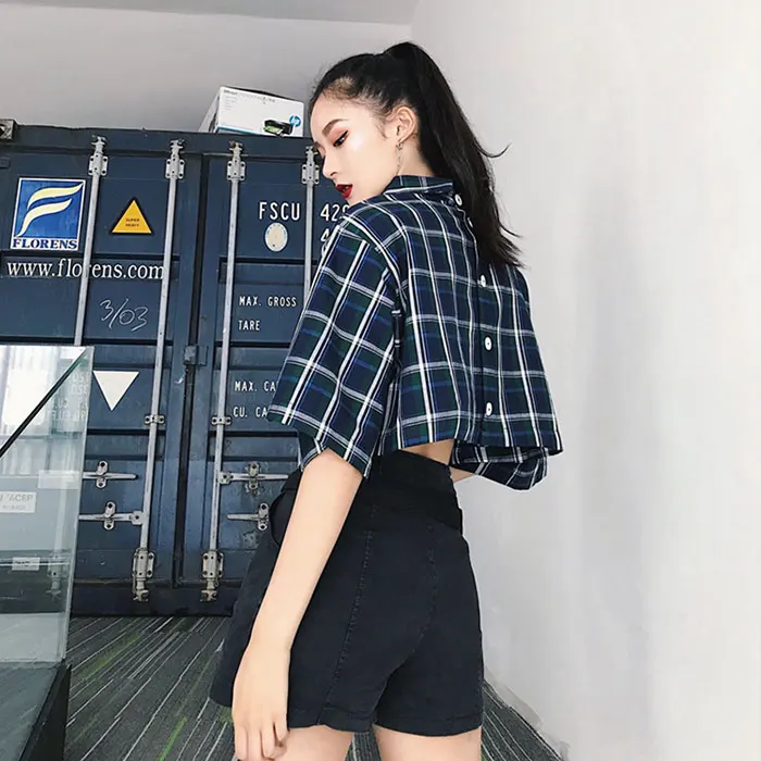 

New summer Women's Clothing button ulzzang korean hipster harajuku loose short plaid crop top fashion brand Two wear shirts top