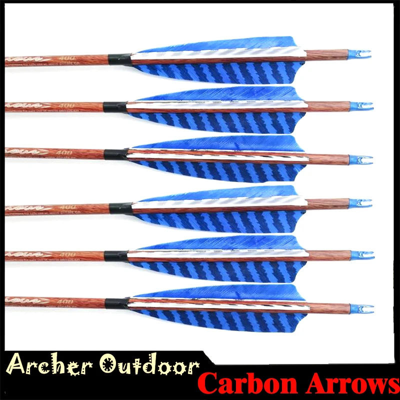 

6/12pcsSpine 400 500 600 Archery Carbon Arrows ID6.2 Shaft Wood Skin Turkey Feathers Vanes Compound Recurve Bow Hunting Shooting