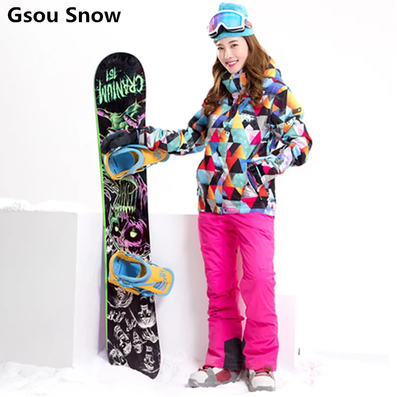 

New 2018 GSOU SNOW Mountain Skiing Suit for Women Colorful Winter Snowboard Jacket Pants Women Ski Clothing Skiwear