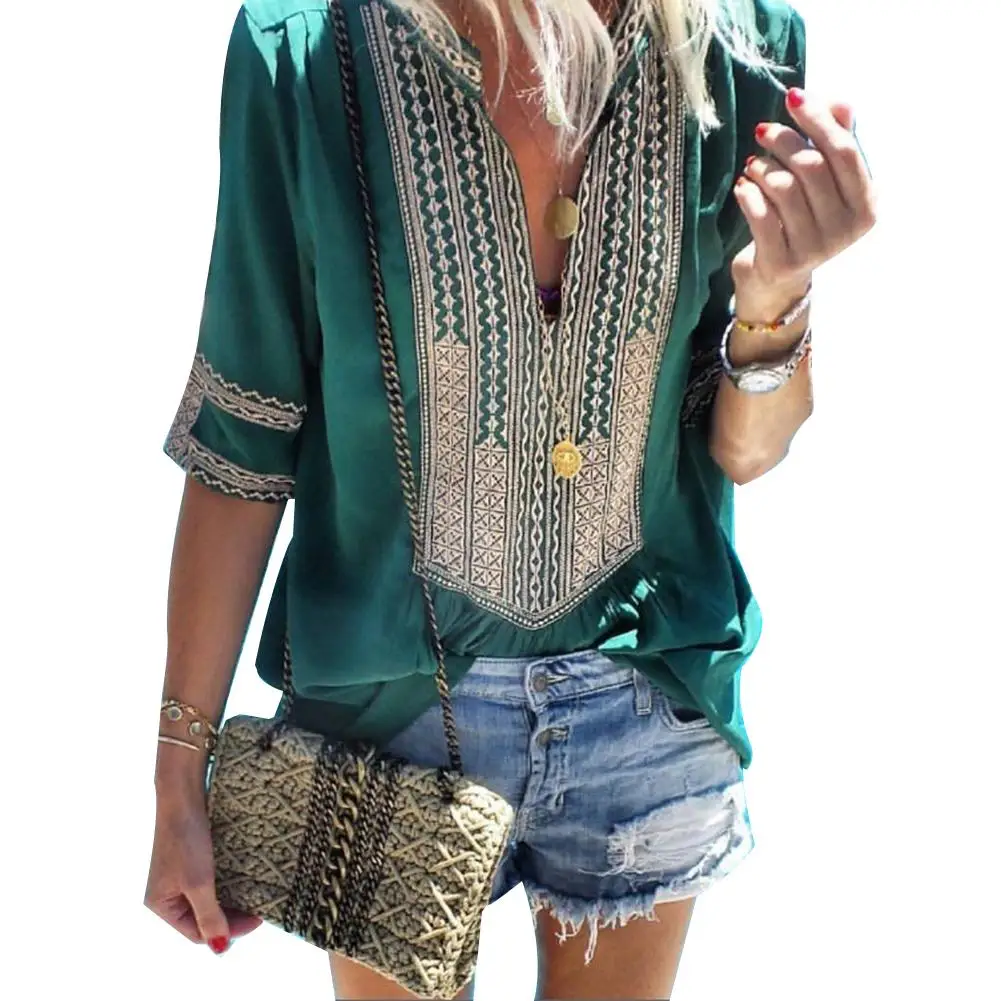 

Ethnic Women Casual V Neck Embroidery Plus Size Half Sleeve Blouse Top fashion
