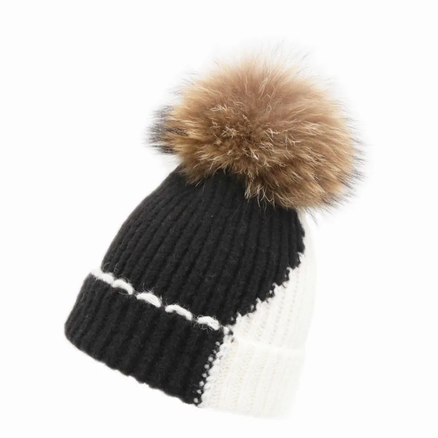 Новый Лоскутная Для женщин зимние съемным мехом лисы Pom pom вязаная Skullies шапочки шапки шерсть пушистая свернувшись меха Шапки