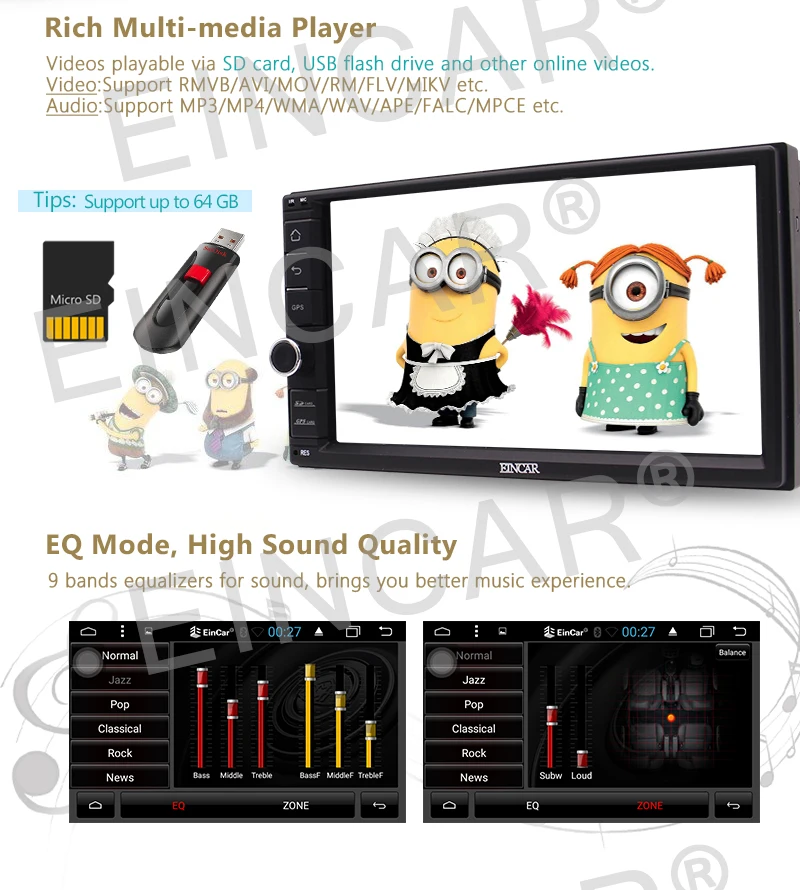 Top Free Front and Back up Camera+Double Din 7