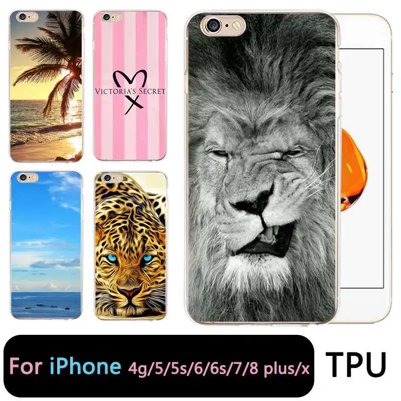 

QMSWEI TPU Clear Phone Case For iPhone 6G 6s 7 8plus x Soft Heart Lion Tiger Micky Sunset Print Cover For iPhone 4 5se 6Plus 7P