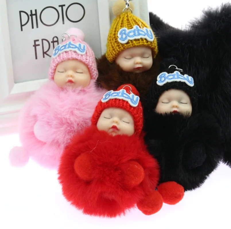

New Sleeping Baby Doll Keychain Pompom Rabbit Fur Ball Key Chain Car Keyring Women Holder Bag Pendant Charm Accessory Porte Clef