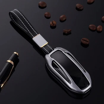 

Aluminum Alloy Car Key Case Cover Genuine Leather Belt Key Shell Storage Bag Protector for Tesla Model X