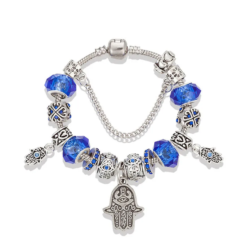

women Silver Creative fatima hand Charms pandora Bracelet blue Crystal DIY Bracelets & Bangles DIY Jewelry Pulseira