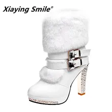 Xiaying Smile/женские высокие ботинки; очень высокие модные теплые повседневные ботинки с двойной пряжкой из искусственного меха и кристаллами; женские ботинки на тонком каблуке