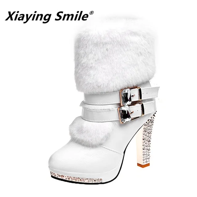 Xiaying Smile Women High end Boots Super High Fashion Warm Double Buckle Faux Fur Crystal Casual Shoes Thin Heels Ladies Boots