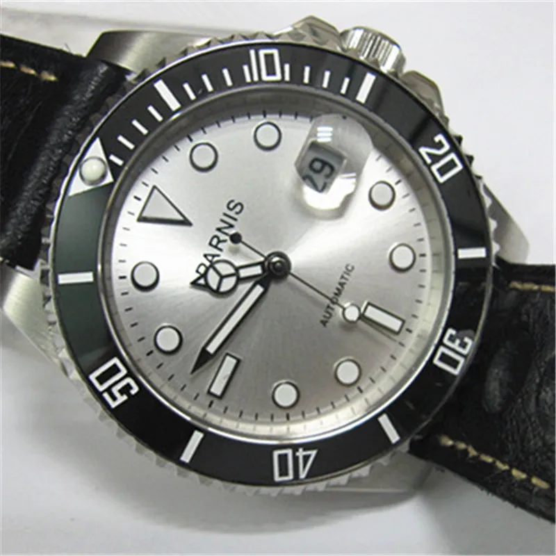 40mm Men Watch Parnis Black Ceramic Bezel Silver White Dial Japan Automatic Movement Watches