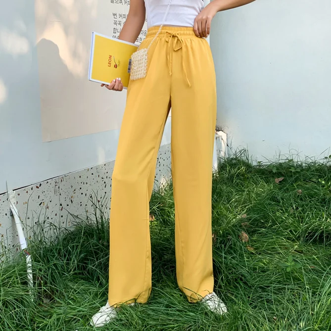 

Women Chiffon Pants Summer 2019 Korean Style Casual Loose Drawstring Elastic Waist Wide Leg Pants Yellow Mint Green Black B313