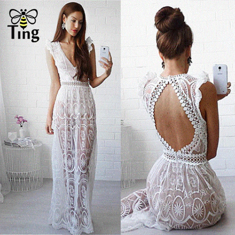 

Tingfly New Design Sexy Backless Hollow Out See through Maxi Lace Dress Ruffles Transparent Boho Lace Party Dresses Vestidos