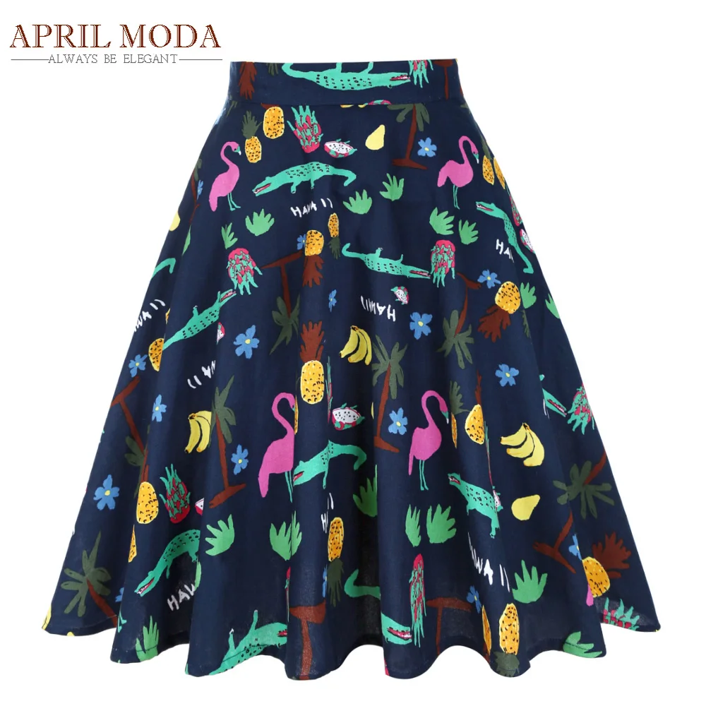 High Waist Flamingo Printed Big Swing Vintage Skater Skirts Retro Runway Womens Sexy Pinup 50S Cotton Rockabilly Skirts Summer Skirts