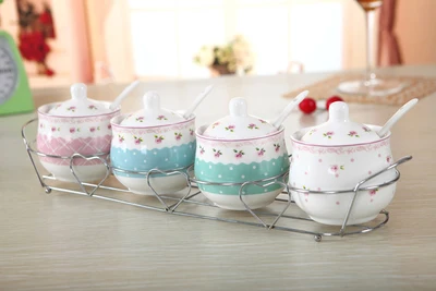 

Flower Style Raccoon Penguin Monkey Sugar Bowl Home Kitchen 4 In 1 Set Salt Condiment Pot Jars With 4 Spoons