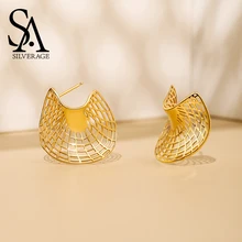 SA SILVERAGE 925 Sterling Silver 14K Yellow Gold Plated Stud Earrings for Women Sector Earrings Fashion Jewelry Gift For Woman double r brand new jewelry earrings for women hot sale yellow gold plated 925 sterling silver drop earrings case04266sc 2