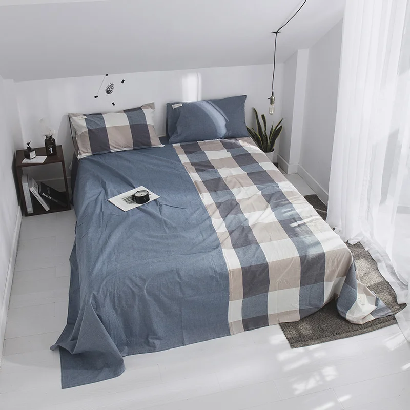 

100% Cotton Blue Plaid Pattern 3Pce Bed Sheet Queen King Bed Fitted Bed Sheet Set Bedclothes Home Textile Sheet Set Pillowcase