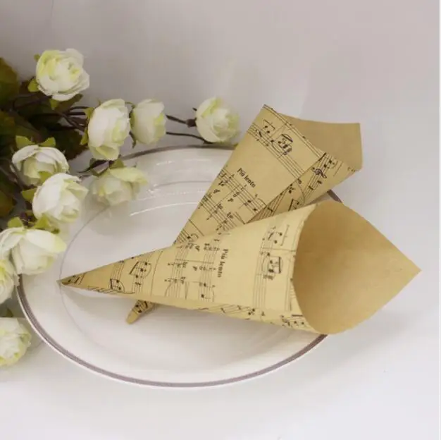 50 Pcs Brown Musical Notes Wedding Favors Kraft Paper Cones Candy Boxes Ice Cream Cones DIY