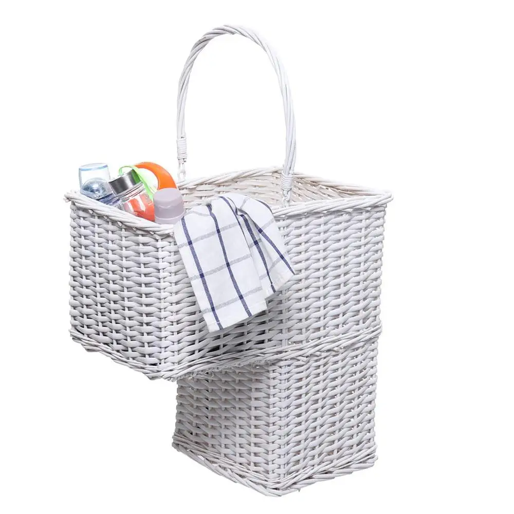 New White Woven Wicker Stair Step Basket Laundry Organizer Cosmetic Box with Handle Container Storage Clothes Children Toys Home