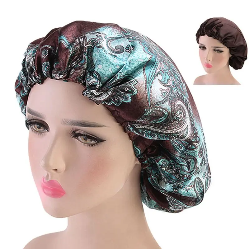 Женская шапочка из искусственного шелка и атласа, шапка для сна, очень большая, двухслойная, с цветочным принтом, покрытие для головы, реверсивная, регулируемая, свободная, для волос