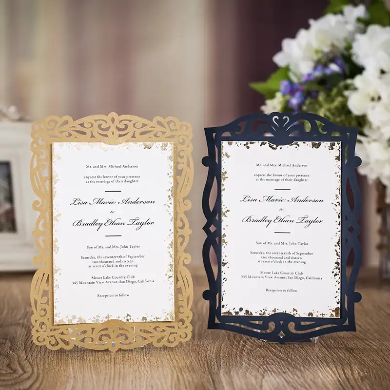 H D Navy Blue Gold Laser Cut Wedding Invitations With Lace Fl H D Navy Blue Gold Laser Cut Wedding