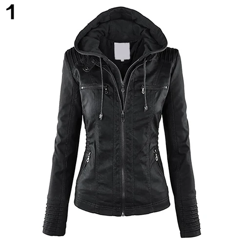 Fashion Women Convertible Collar Faux Leather Coat Detachable Hooded Jacket 1