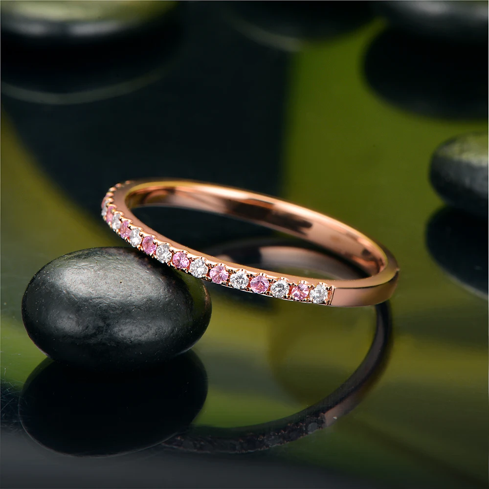 Caimao Half Eternity 14K Rose Gold Natural Diamond Pink Sapphire Engagement Wedding Band