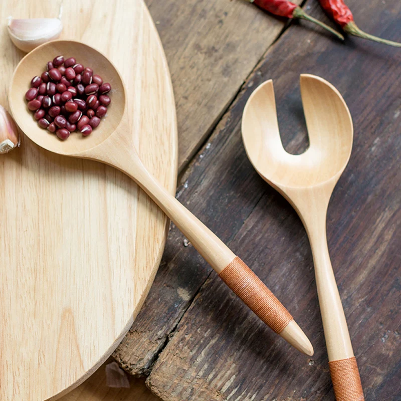 Hand-made Wooden Dinnerware Set Long Handle Scoop Salad Fork Kitchen Utensils (2)