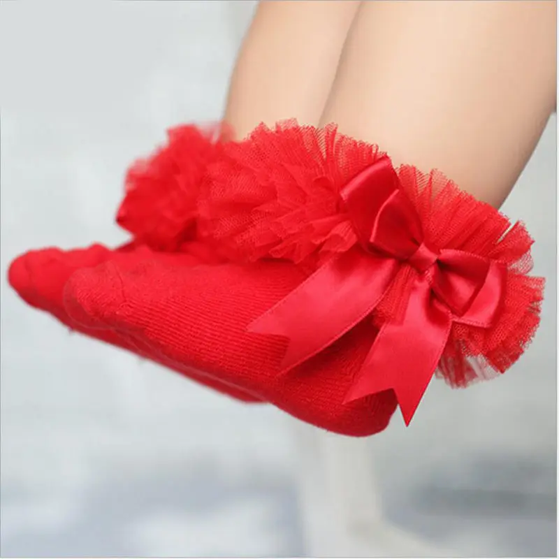 От 0 до 8 лет; детские носки-пачки принцессы; короткие шелковые носки с бантом для маленьких девочек; кружевные хлопковые носки с оборками - Цвет: Red big lace