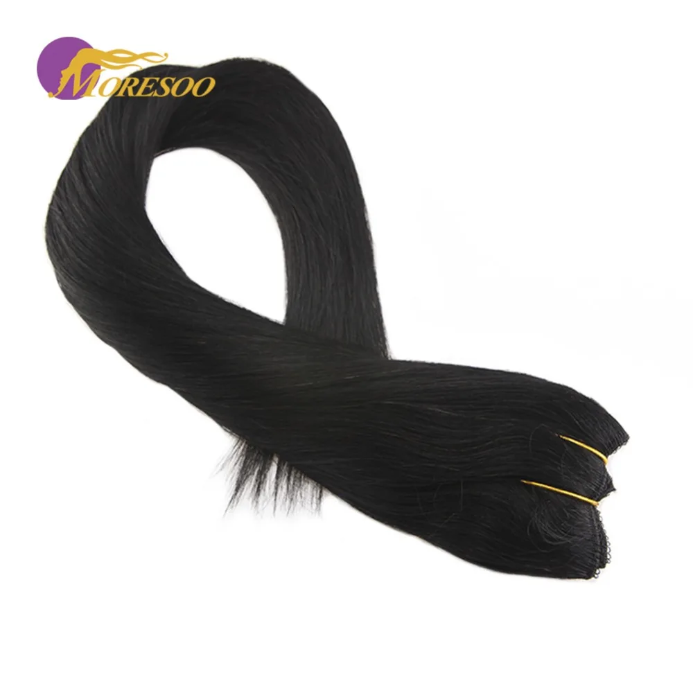 

Moresoo 12-22 inch Flip in Extensions Real Remy Human Hair Extensions Jet Black Color #1 Fishing Line Flip On Hair 50-100G