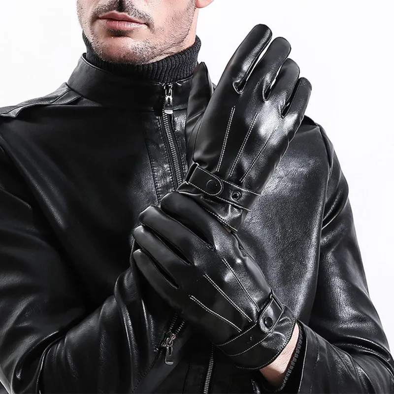 Мужские перчатки из искусственной кожи, черные перчатки из овчины с сенсорным экраном, перчатки с шерстяной подкладкой, теплые зимние варежки для вождения, handschoenen - Цвет: Black