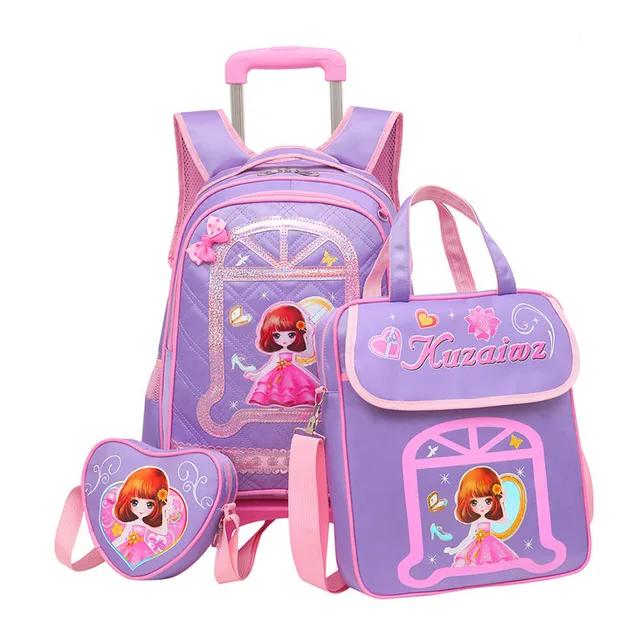 3PCS sets Girls Trolley Rolling Backpack Climb the stairs school bag