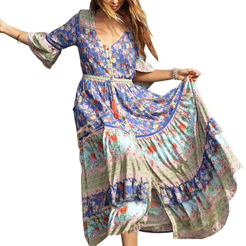Женское платье, летнее, модное, плиссированное, Boho, вечерние, большие размеры, цветочные кнопки с рисунками, макси, v-образный вырез, ретро