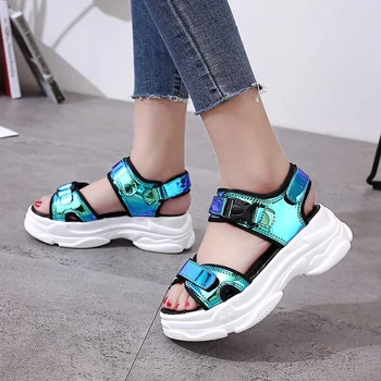 

Women Sandals 2019 New Fashion Ladies Casual Shoes Bling Wedges Buckle Strap Hook & Loop Flat Platform Shoes Summer Sandals