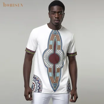 

BOHISEN 2019 New African Man T-shirt White African Print Dashiki Dress Short Sleeve Round Collar Male T-shirt