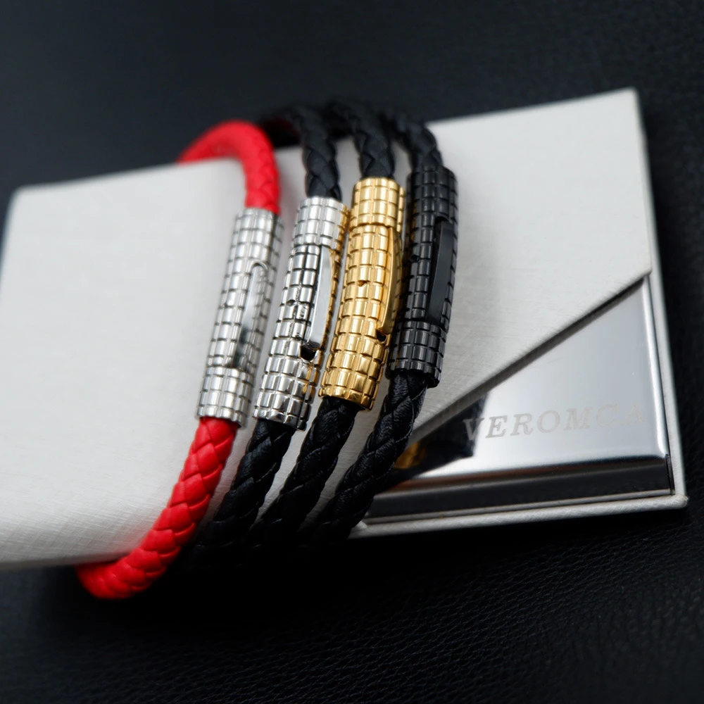 

Fashion Men's High Quality Leather Bracelet Charm Bracelet Stainless Steel Buckle Leather Cord Jewelry Wholesale