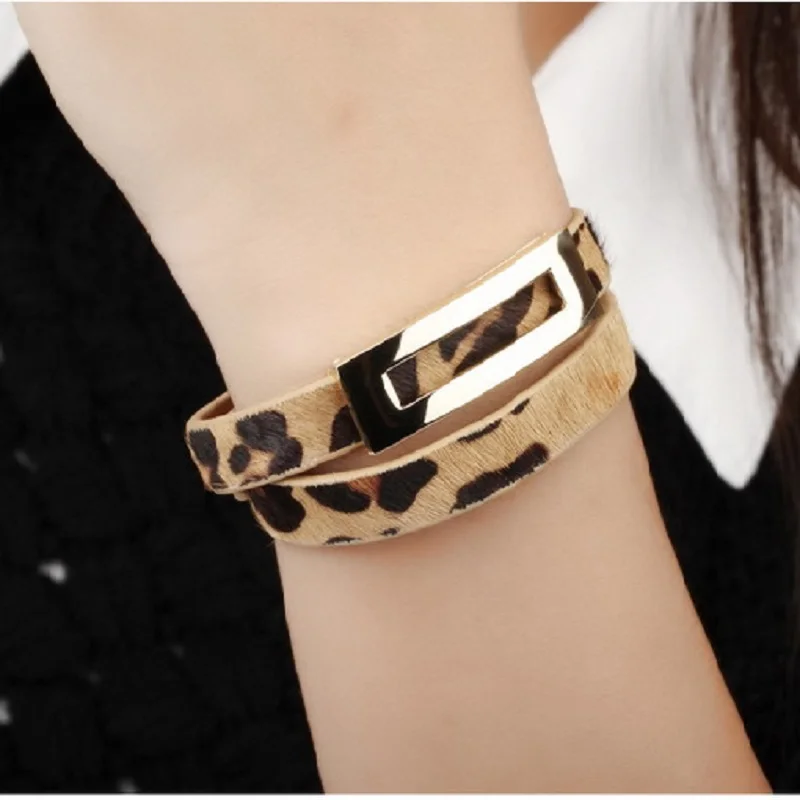 

New Retro Leopard Print Accessories Double Surround Adjustable Leather Bracelets Unisex Bangles Pulseiras Masculina JB0317