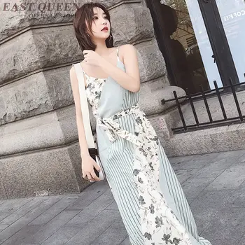 

women summer dress 2018 embriodery stripped dress sash v-neck flower sleeveless spaghetti strap long dress light AA3769 Y a