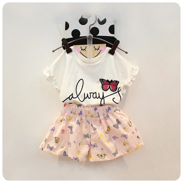 

2016 Korean Children's Garment 2 Pieces Set Girl Baby Butterfly Patch Fungus The Edge Of The Sleeve T-Shirt Printing Shorts Suit