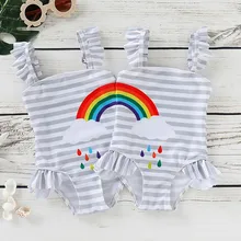 Детский костюм для плавания, для девочек, Пляжная полоска с радужным принтом, модный милый купальник#40