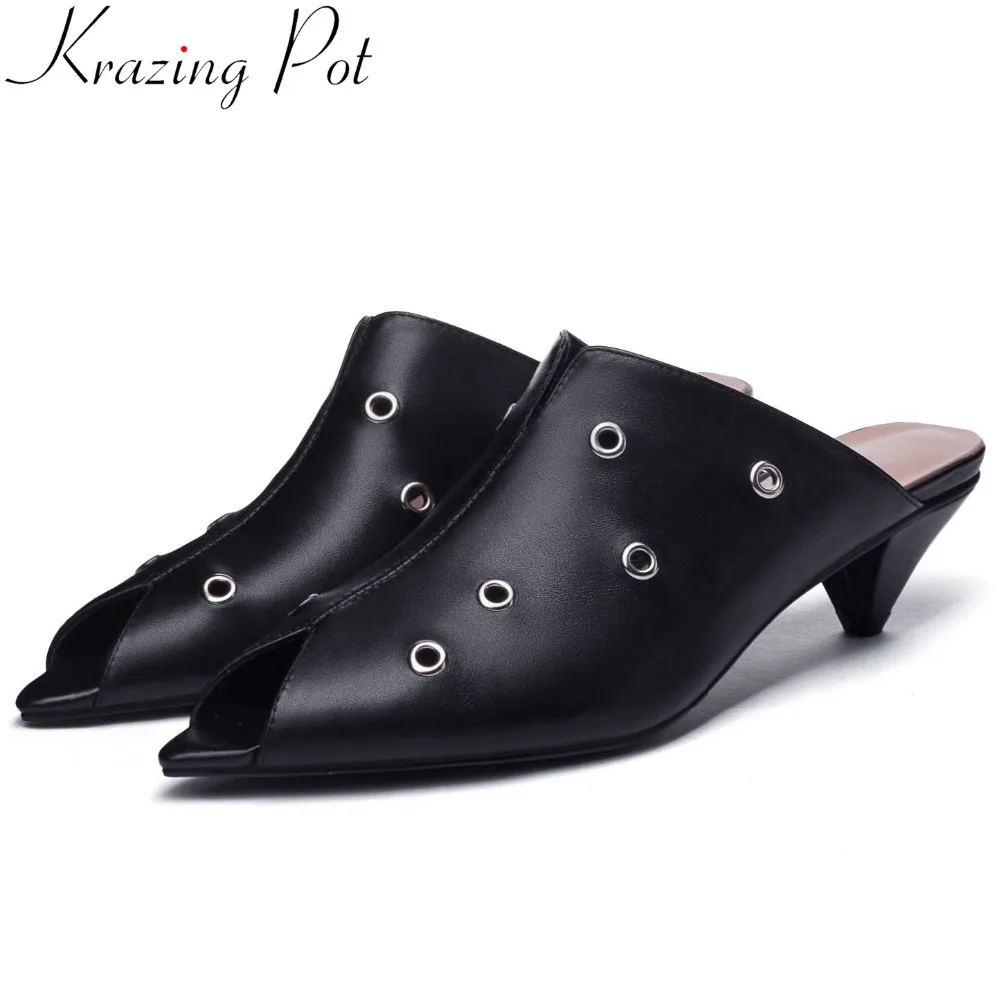

Kazing Pot hot selling comfortable genuine leather spike heels peep pointed toe slip on mules plus size elegant women pumps L1f2