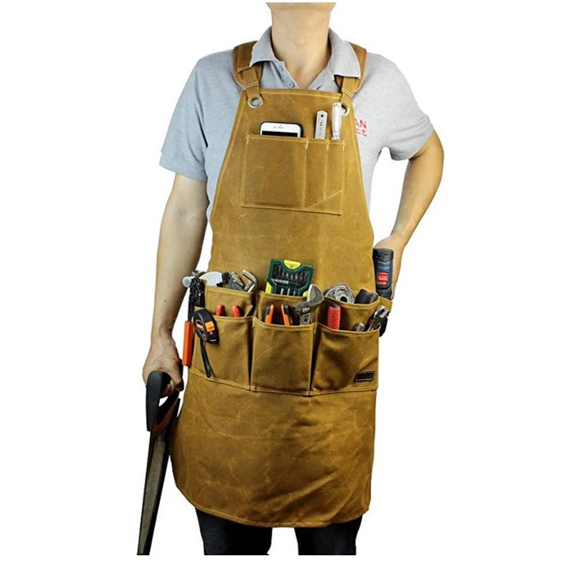 

Simple waxed Denim Canvas apron Multiple pockets with tools,Senior Shoulders apron for Women Men waterproof cooking print logo