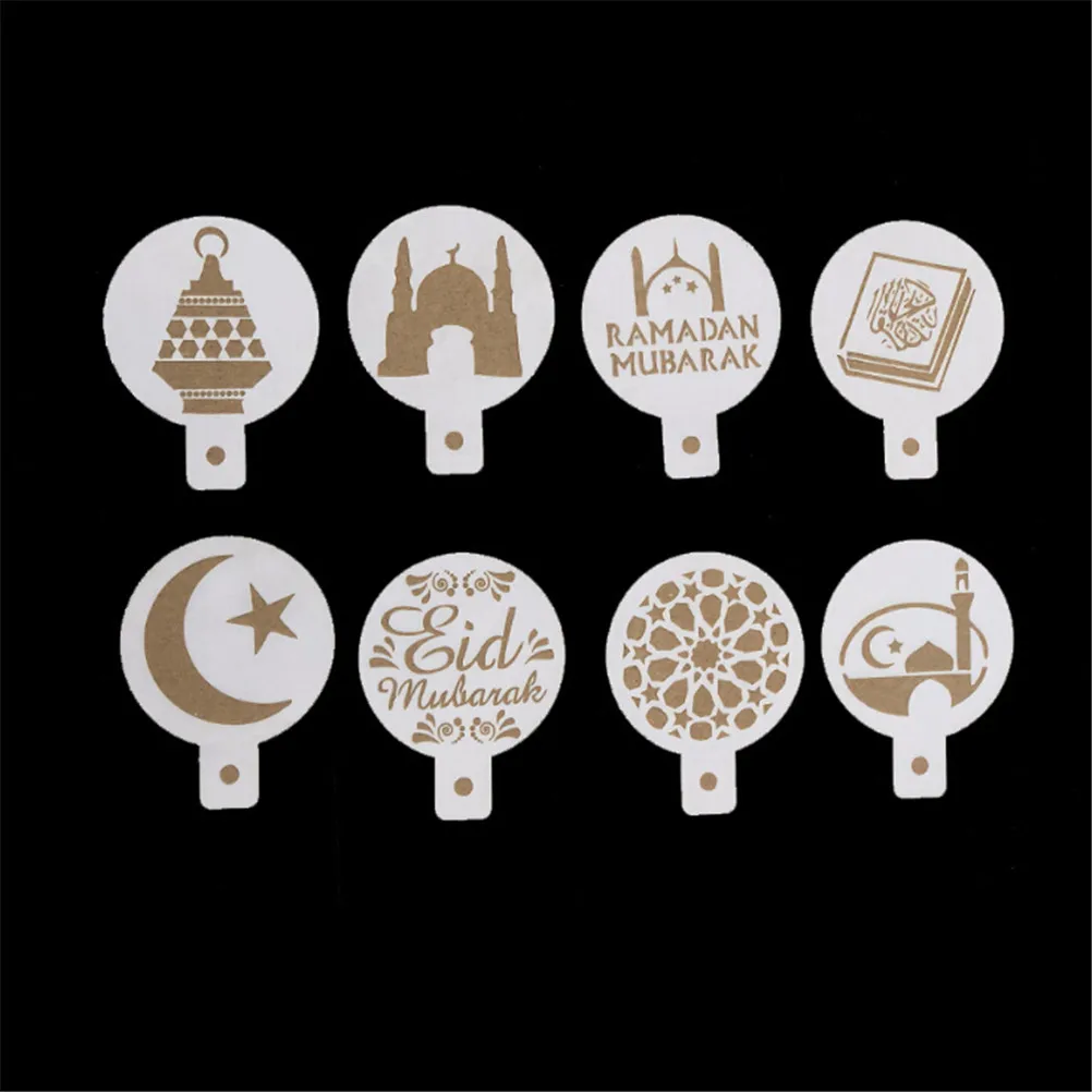 

8pcs/set White Plastic Fondant Cake Biscuits Eid Mubarak Ramadan Coffee Printing Template Spray Stencil Decoration Tools