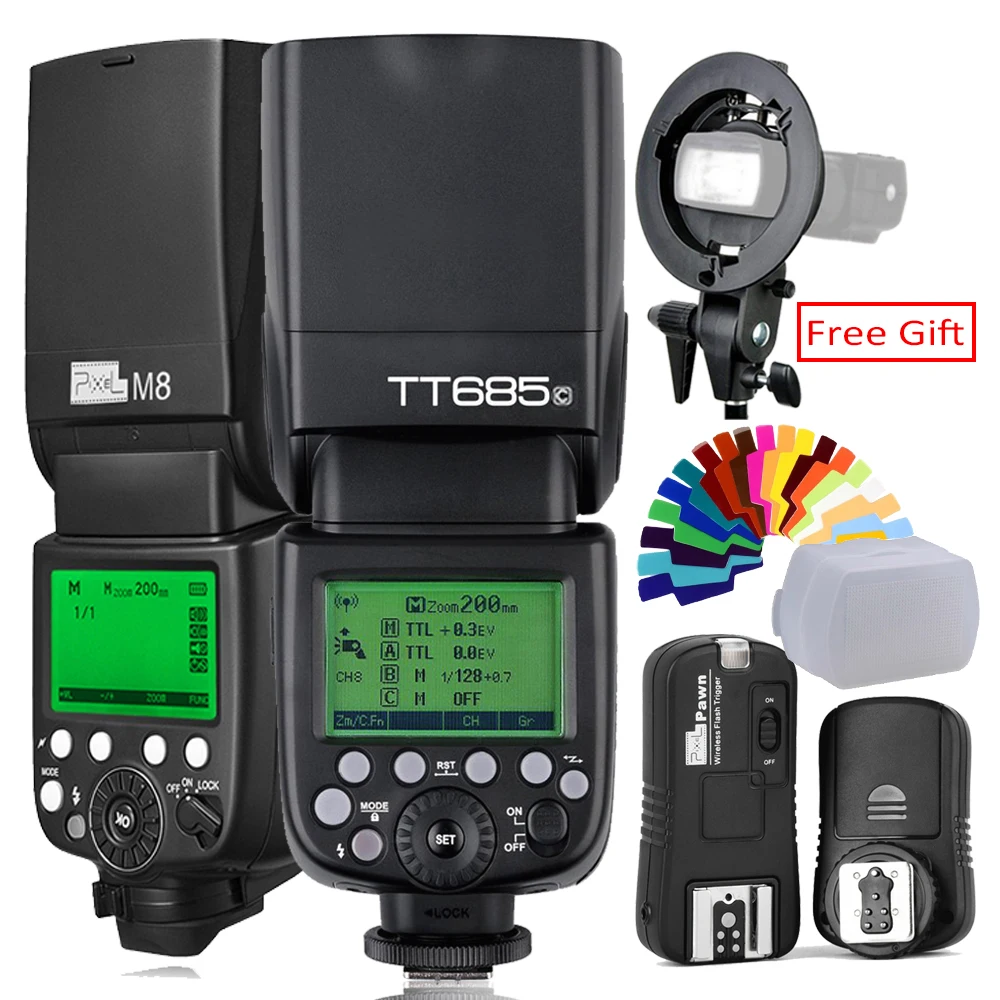

Pixel M8 2.4G Wireles Flash+S-Type Light Bracket OR Godox TT685C Flash TTL HSS Camera Flash speedlite+X1T-C Trigger For Canon
