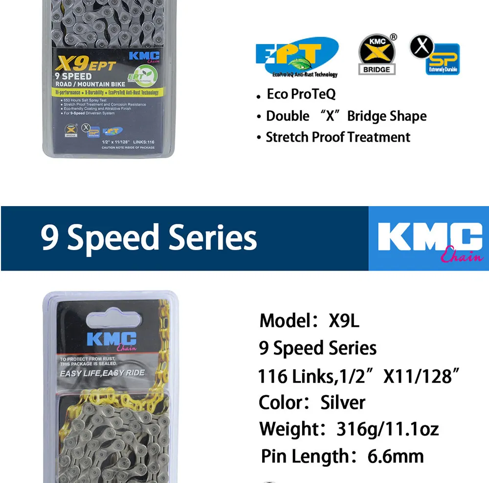 Цепь KMC X8 X9 X10 X10 EPT X9L X10L X11LBike 9S 10S 11S Gold для MTB/шоссейного велосипеда fo Shimano/SRAM 8 9 10 11 speed 116L/цепной велосипед